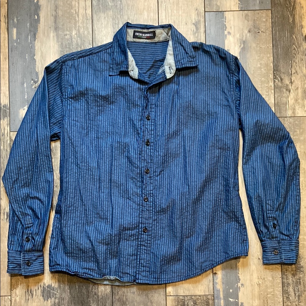 Fredd Marshall Mens Pinstriped Button Up Dress Shirt Long Sleeve Blue Formal